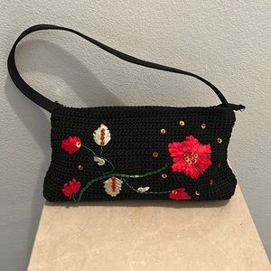 Embellished, knit woven black bag. 11.5”